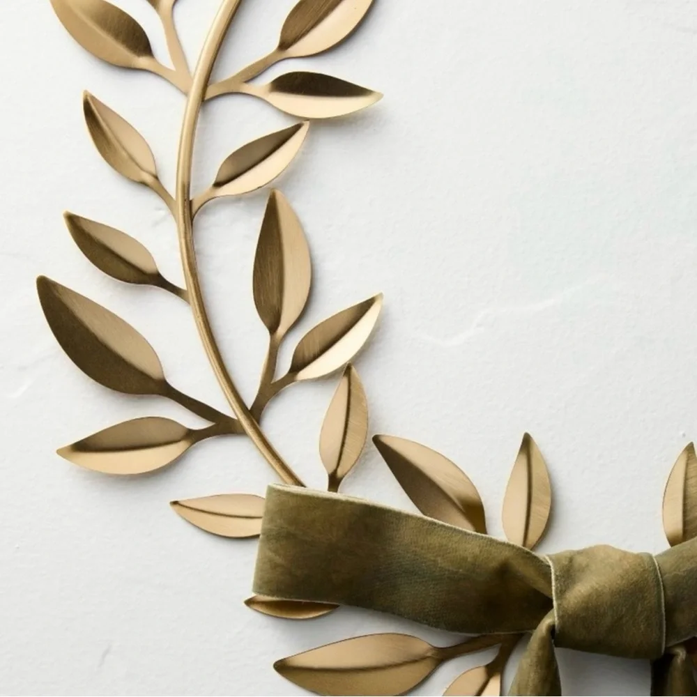 Hearth & Hand with Magnolia Decorative Brass Leaf Christmas Wreath Velvet Bow